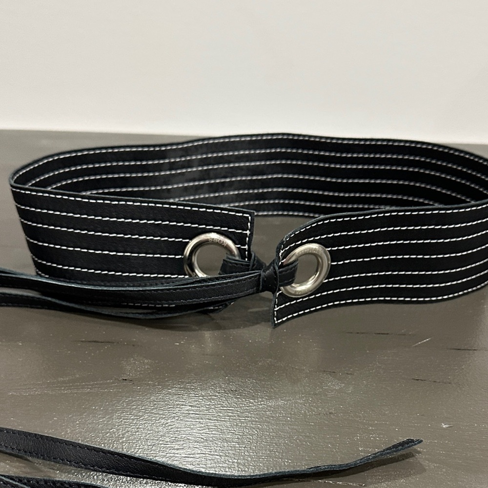 Black Michael Kors Leather Belt with White Stitching.